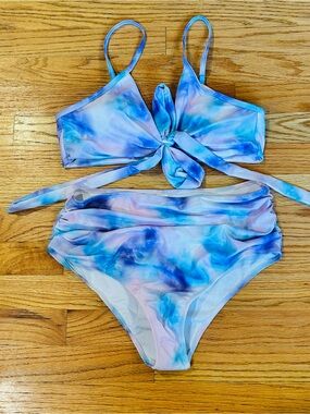 Blue and Pink Marble Tie-Front Bikini